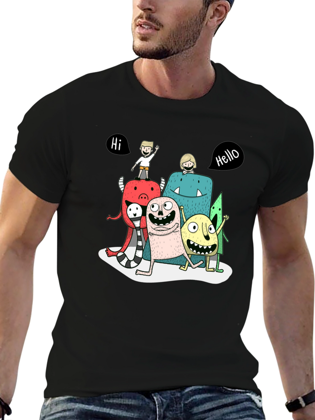 Monster Cartoon Graphic Tee - Black Casual T-Shirt