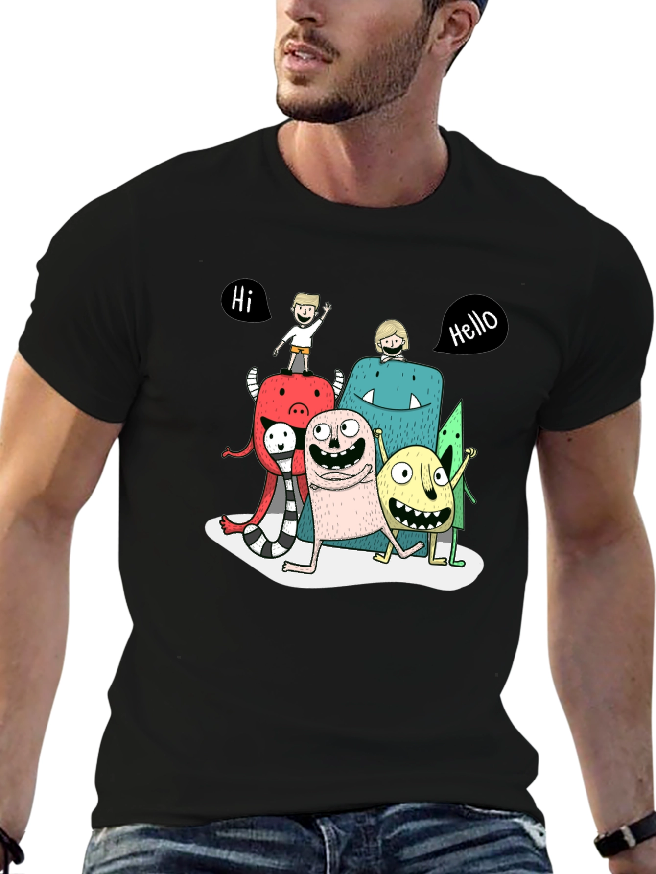 Monster Cartoon Graphic Tee - Black Casual T-Shirt
