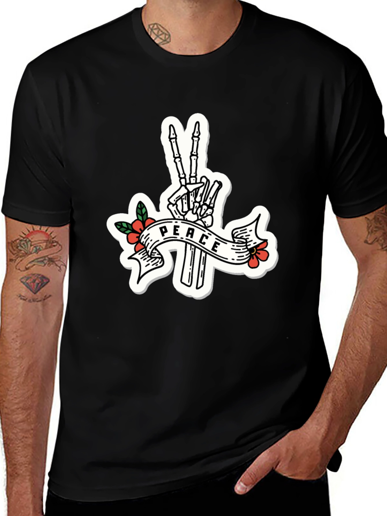 Peace Skeleton Hand Black T-Shirt