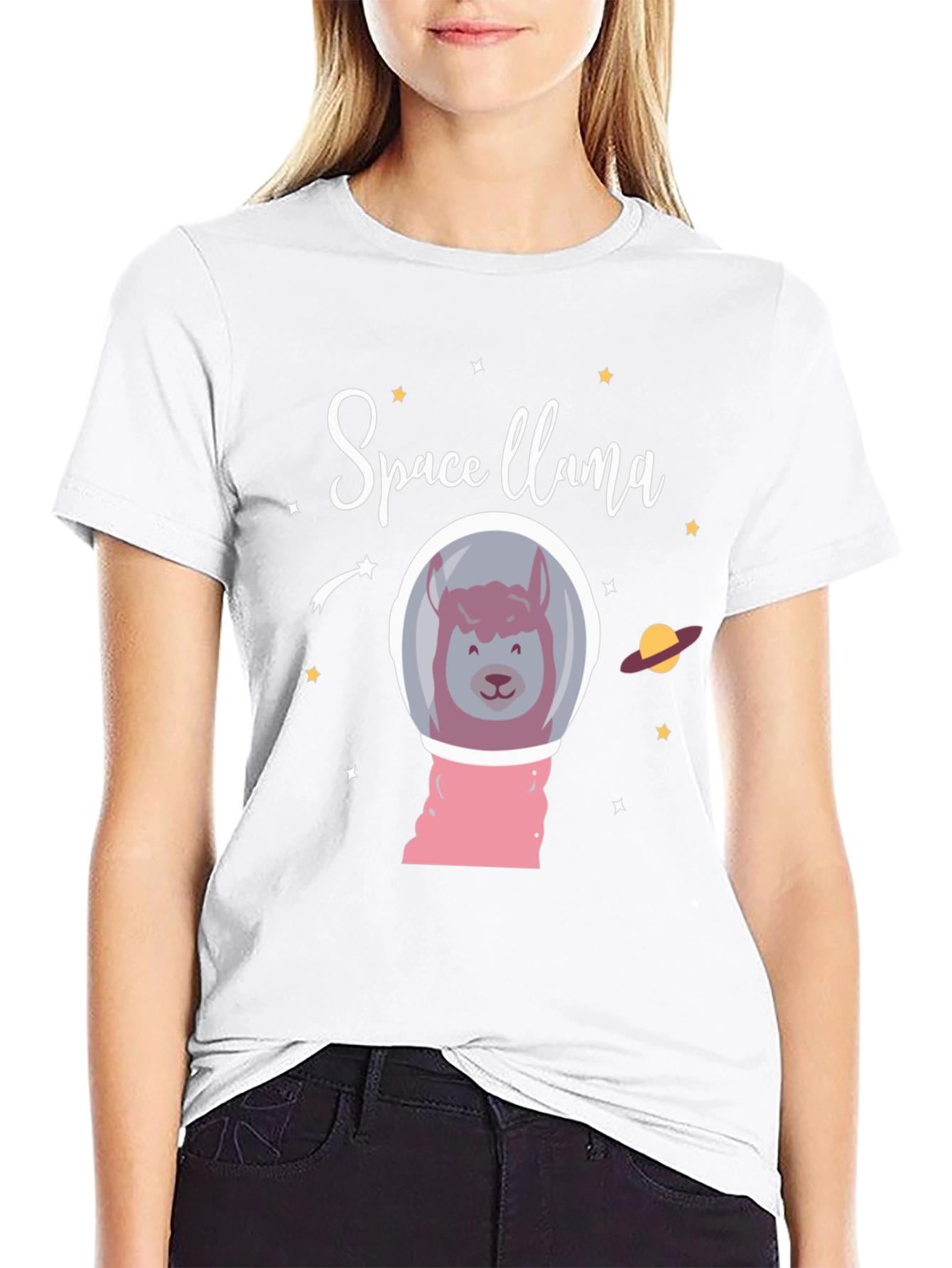 Space Llama Black Graphic T-Shirt