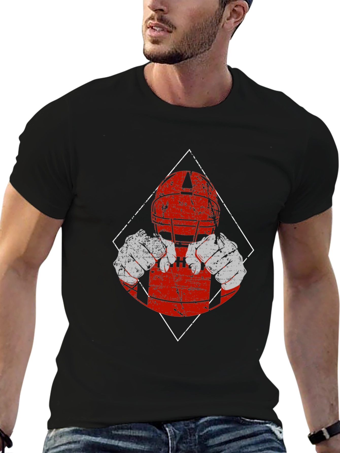 Football Player Graphic T-Shirt - Black Cotton Tee