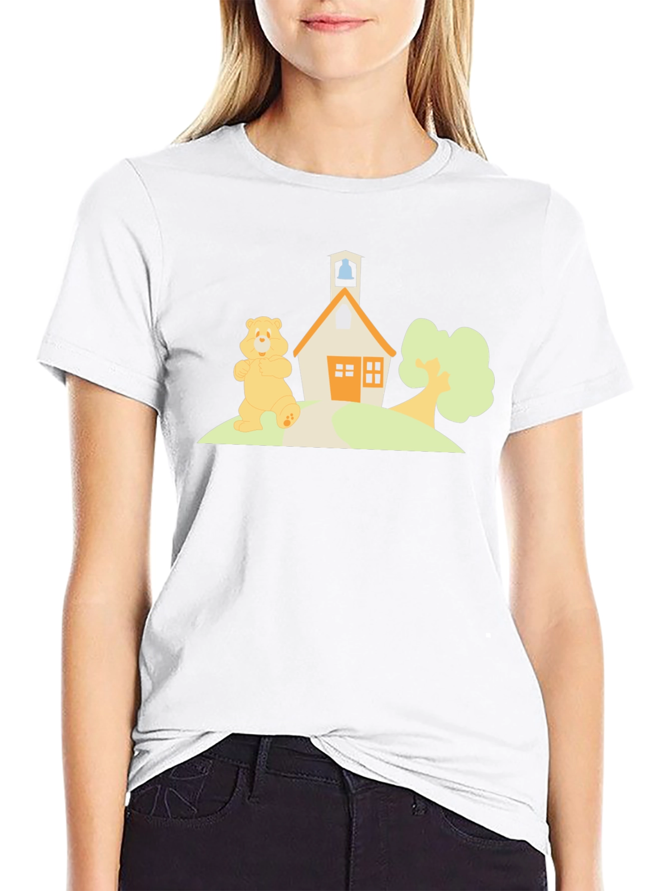 Cartoon Bear Schoolhouse Black T-Shirt