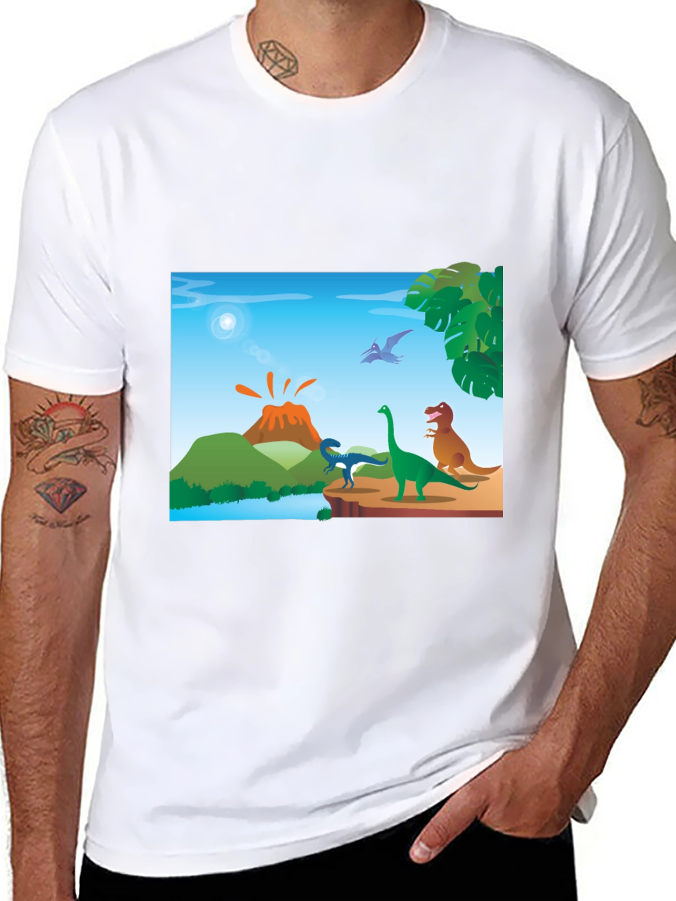 Cartoon Dinosaur Scene Black T-Shirt