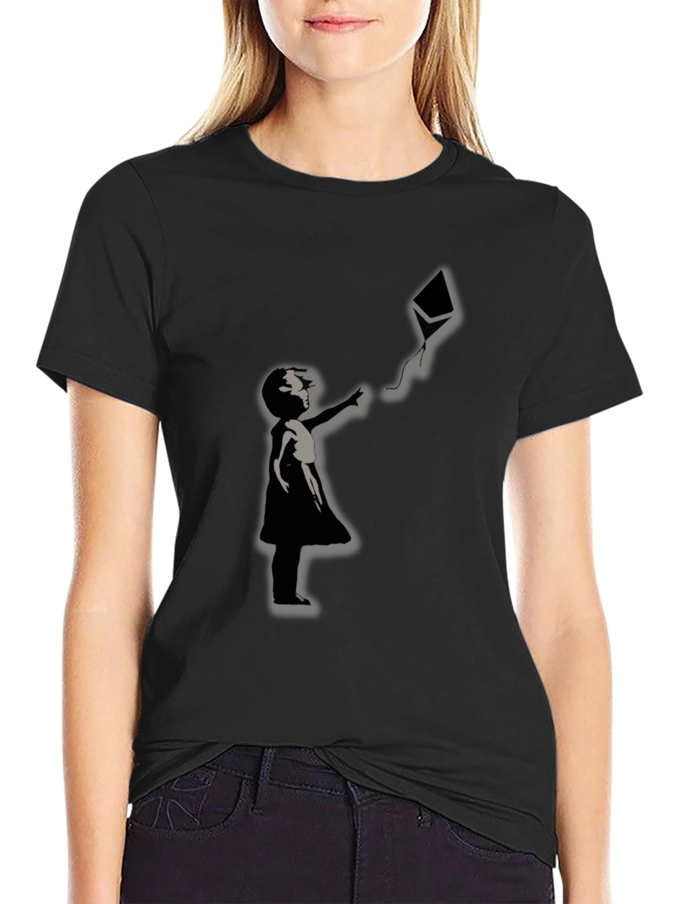 Girl and Kite Graphic T-Shirt - Crew Neck Black
