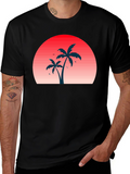 Retro Sunset Palm Tree Graphic Tee - Black