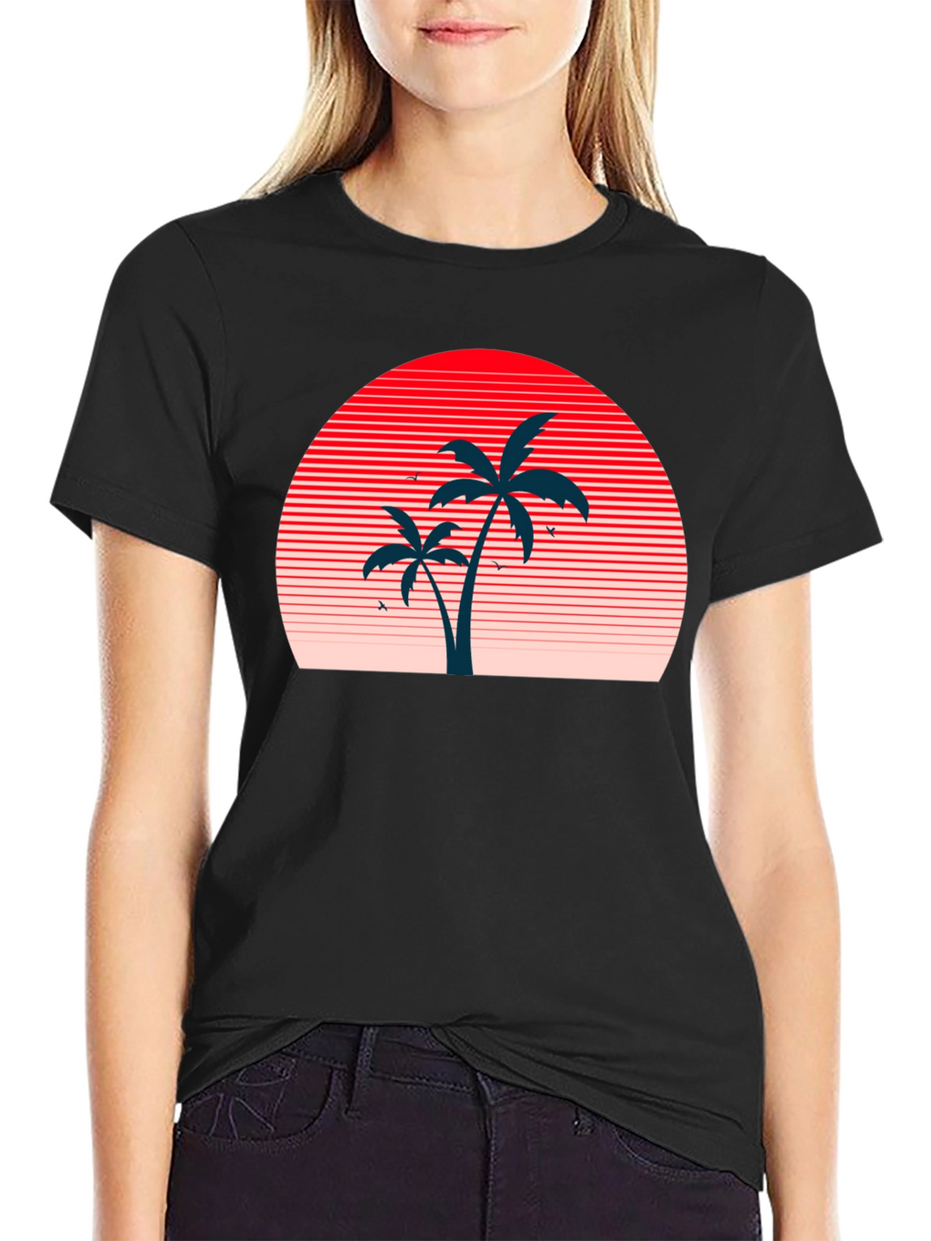 Retro Sunset Palm Tree Graphic Tee - Black