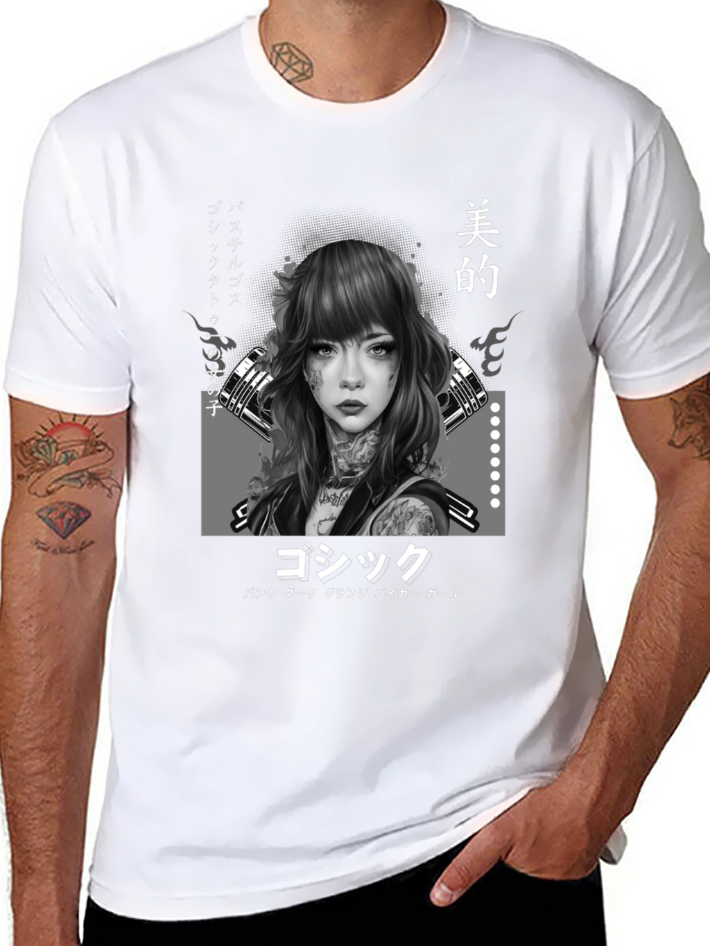 Gothic Japanese Girl Tattoo Art Black T-Shirt