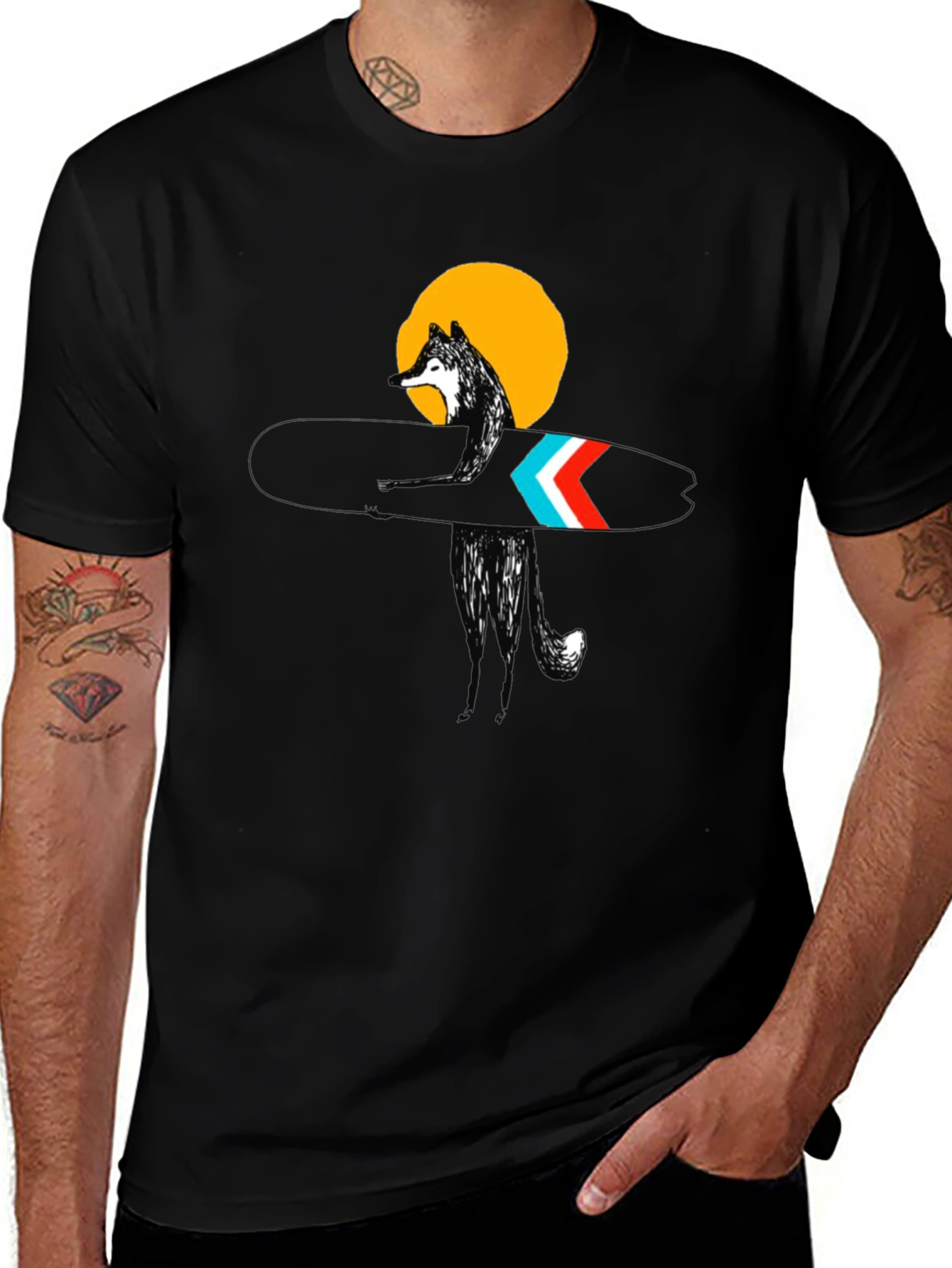 Stylish Black Surf Wolf Graphic Tee