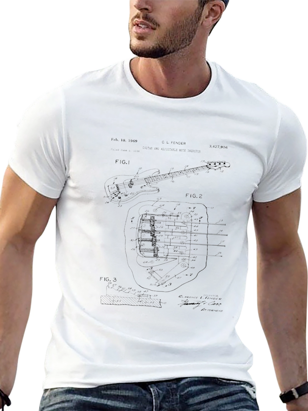 Bass Guitar Patent Print Black T-Shirt