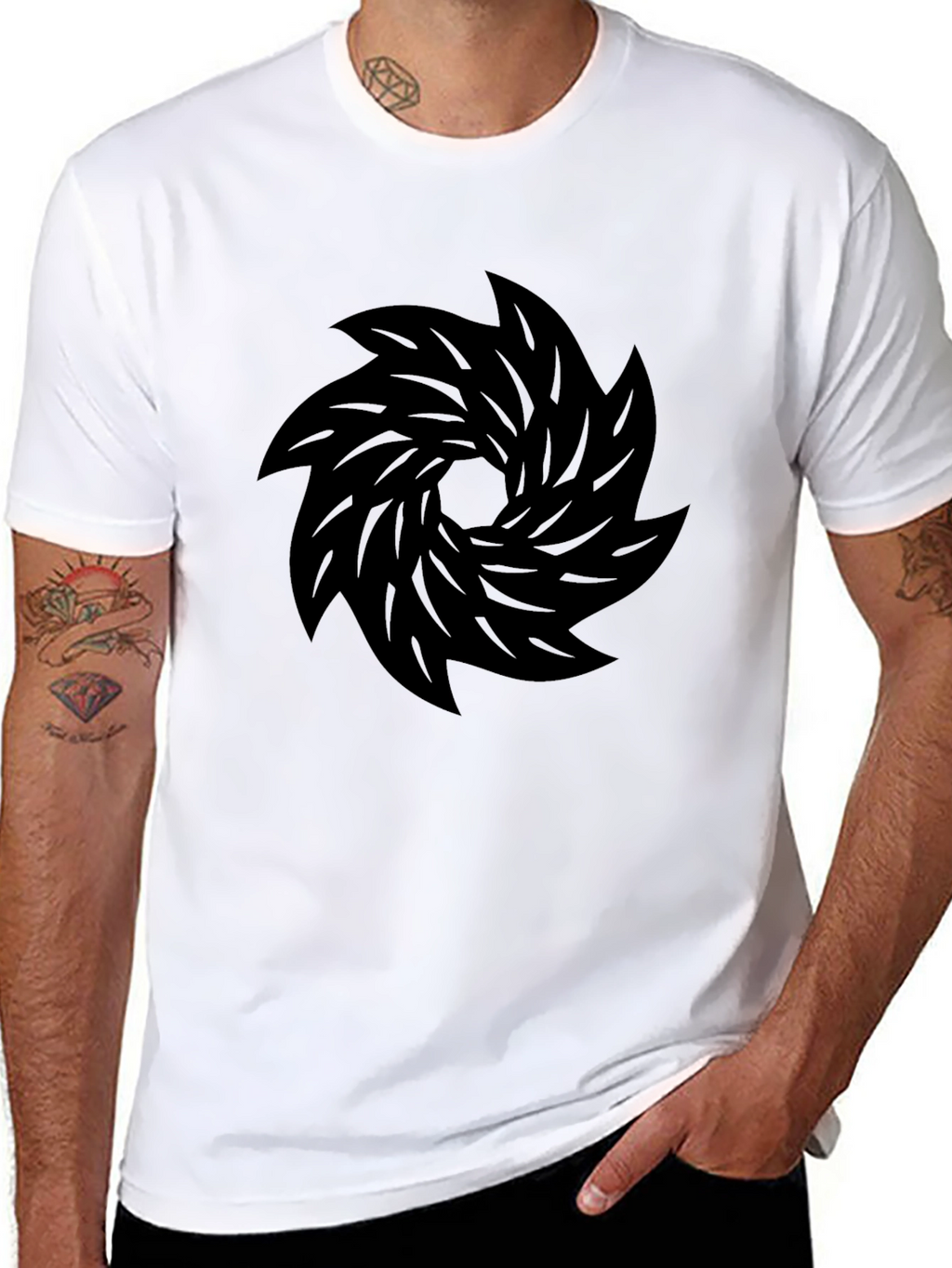 Black T-Shirt with Abstract Whirlwind Design