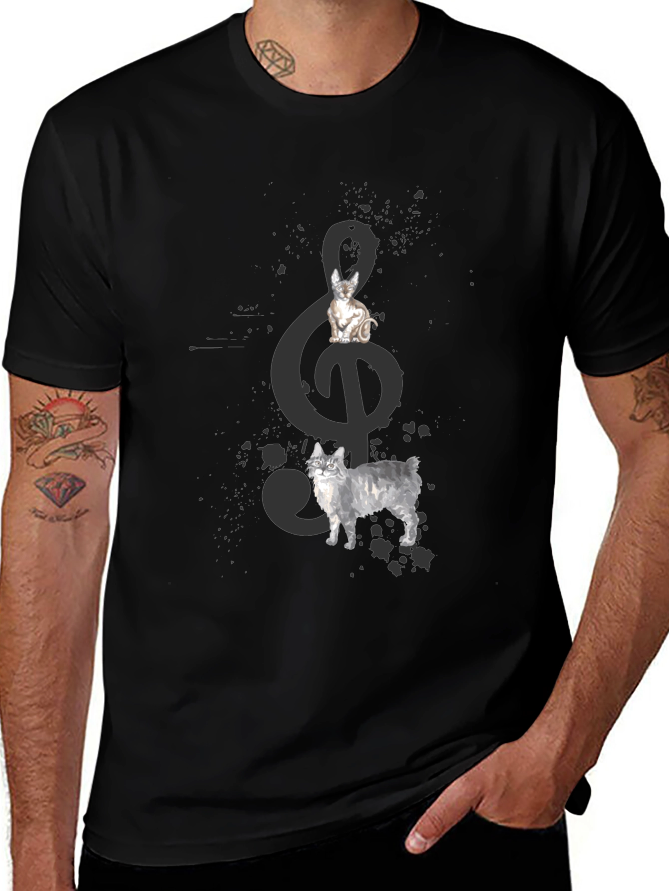 Cats and Treble Clef Black T-Shirt