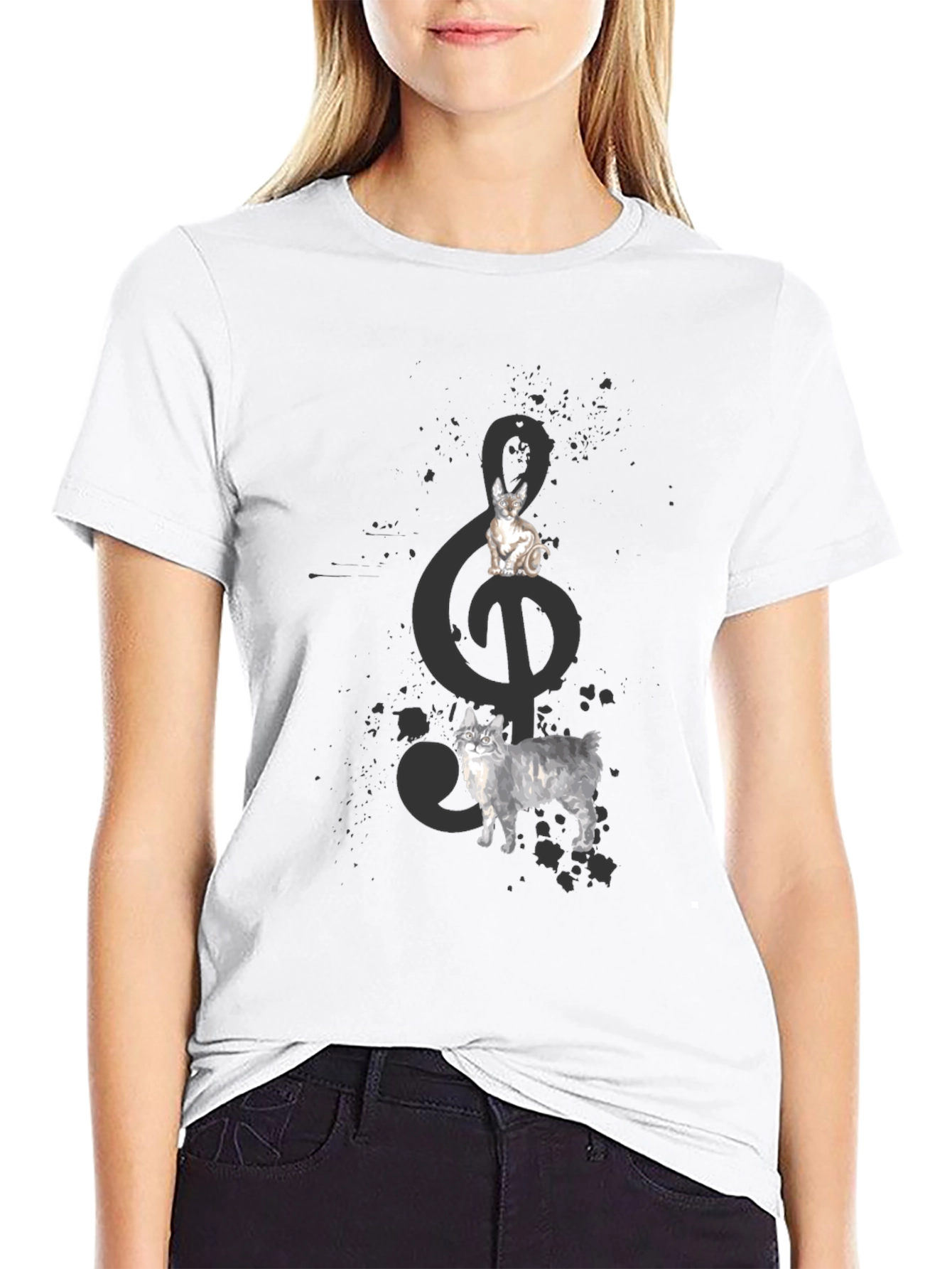 Cats and Treble Clef Black T-Shirt