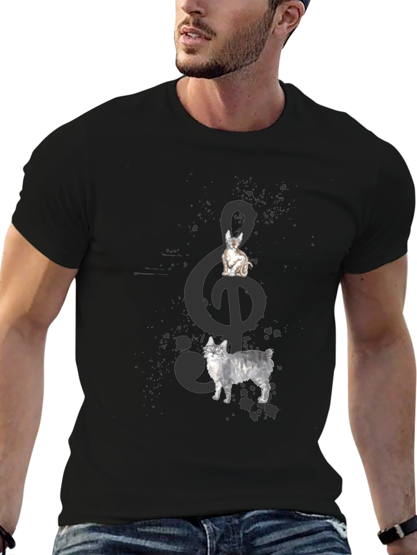 Cats and Treble Clef Black T-Shirt