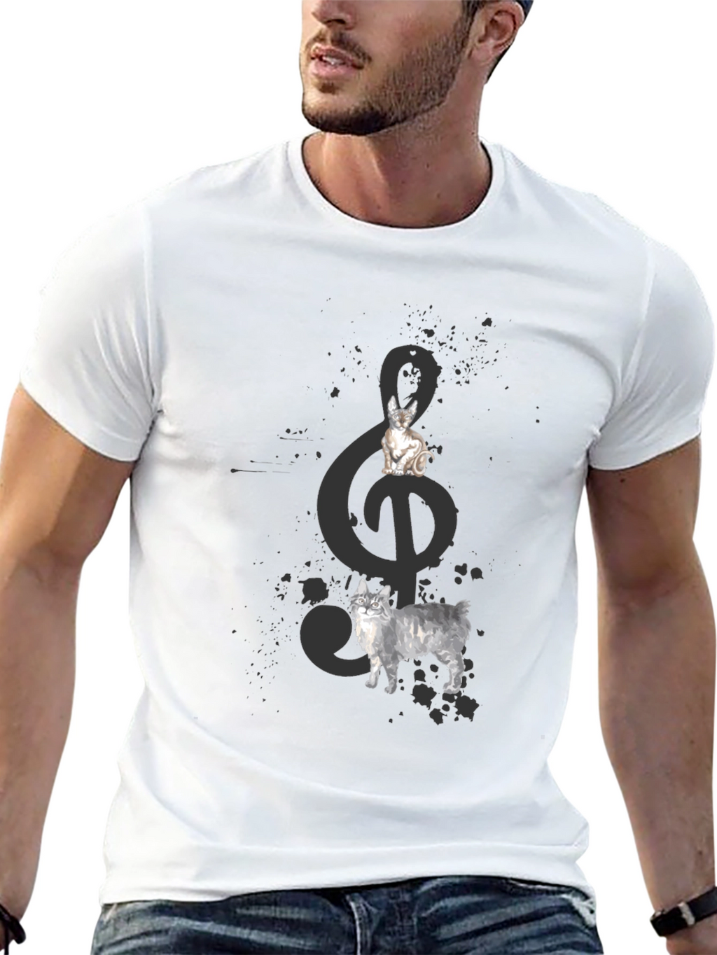Cats and Treble Clef Black T-Shirt