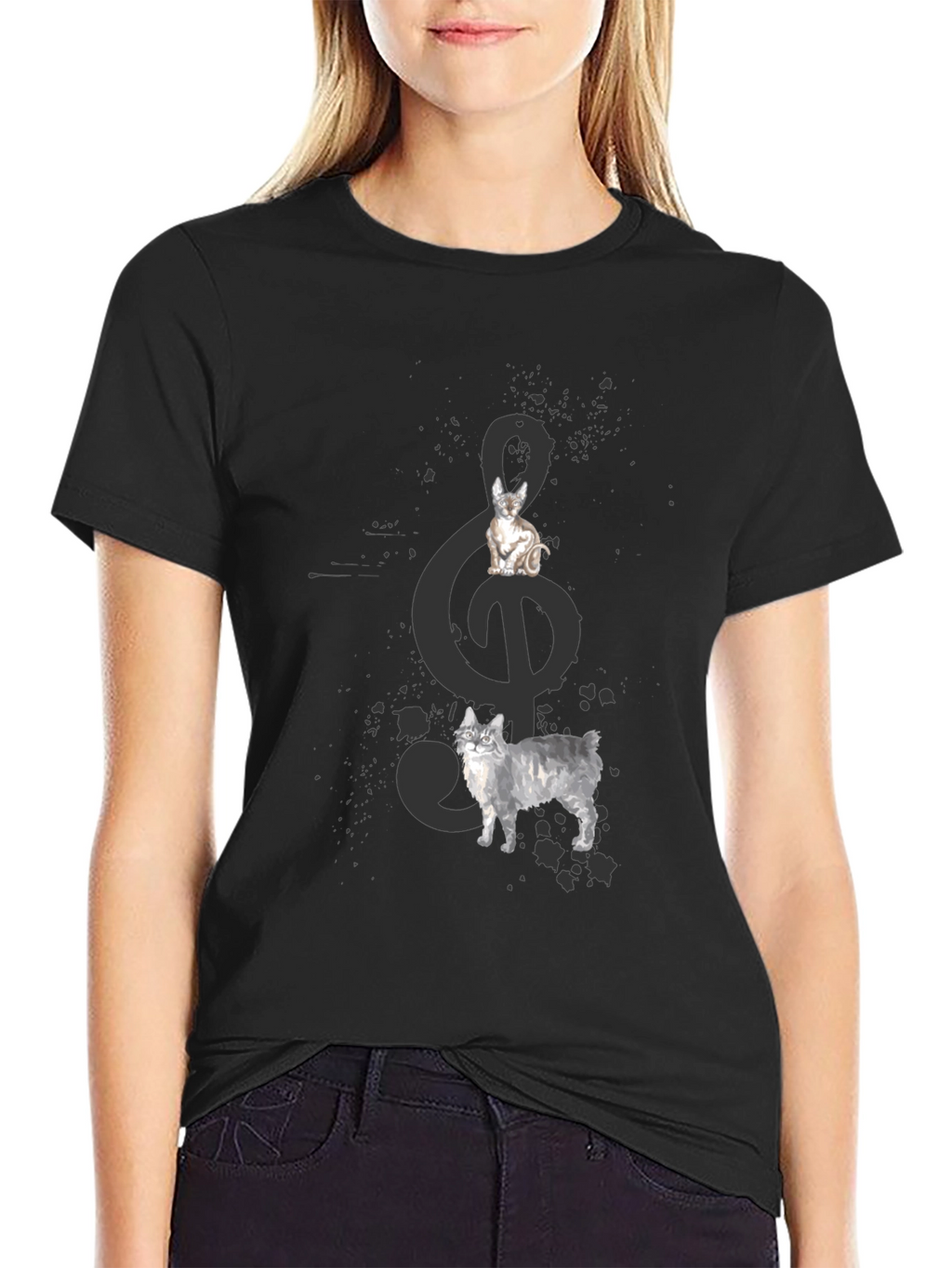 Cats and Treble Clef Black T-Shirt