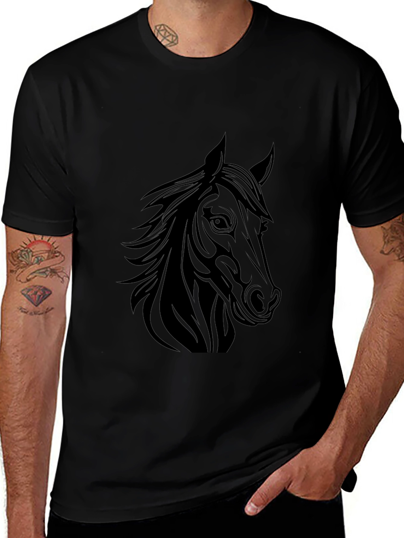 Horse Graphic T-Shirt - Black Crew Neck Tee