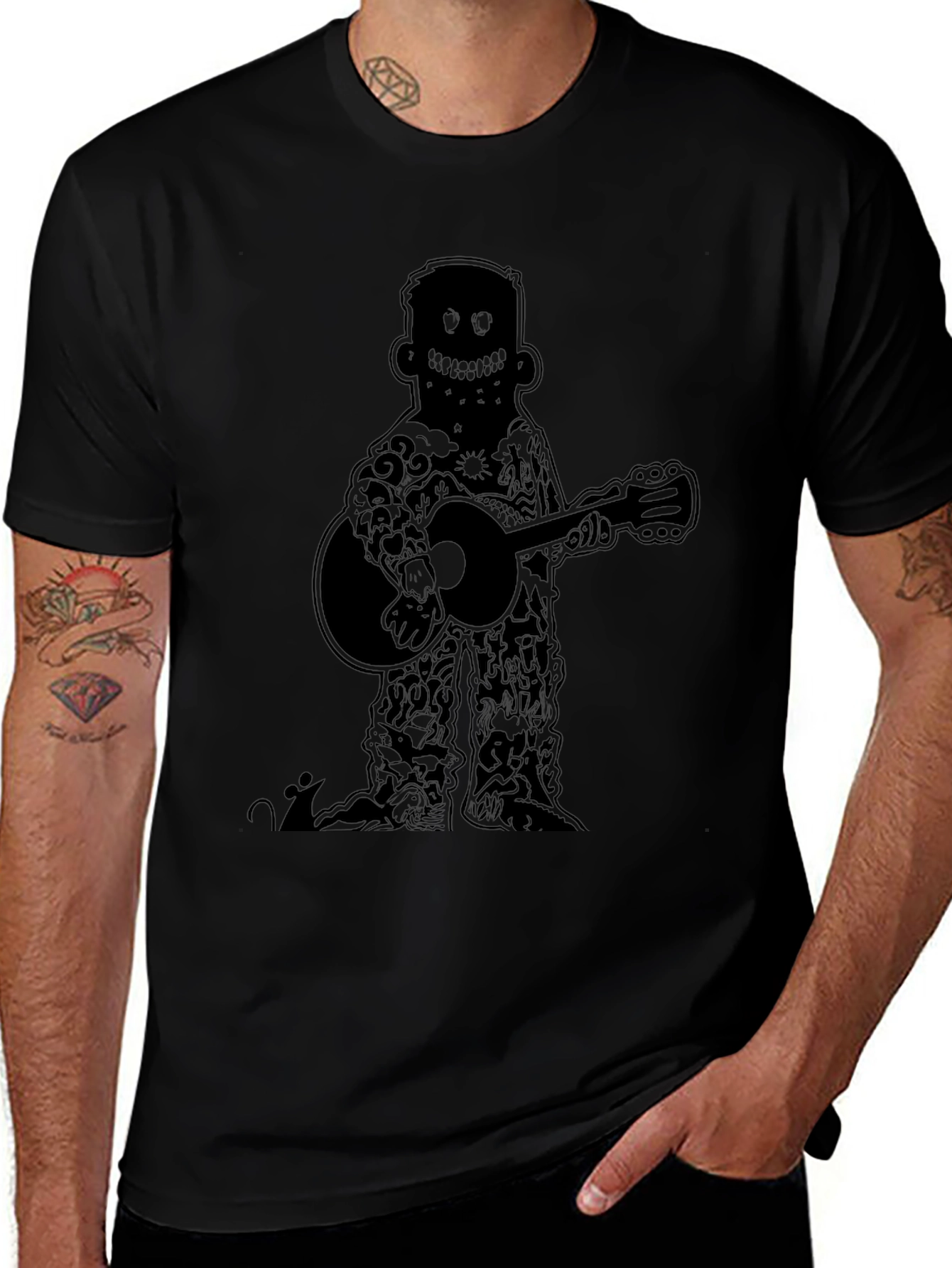 Guitar Player Graphic Tee - Black Cotton Casual T-Shirt