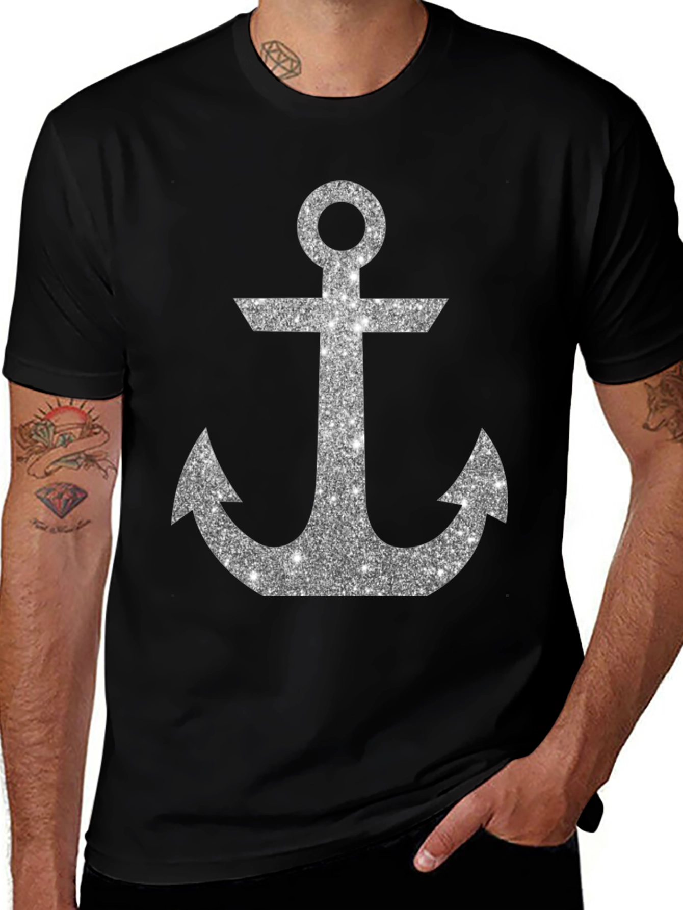 Mens Black Anchor Graphic Tee - Casual Short Sleeve Shirt