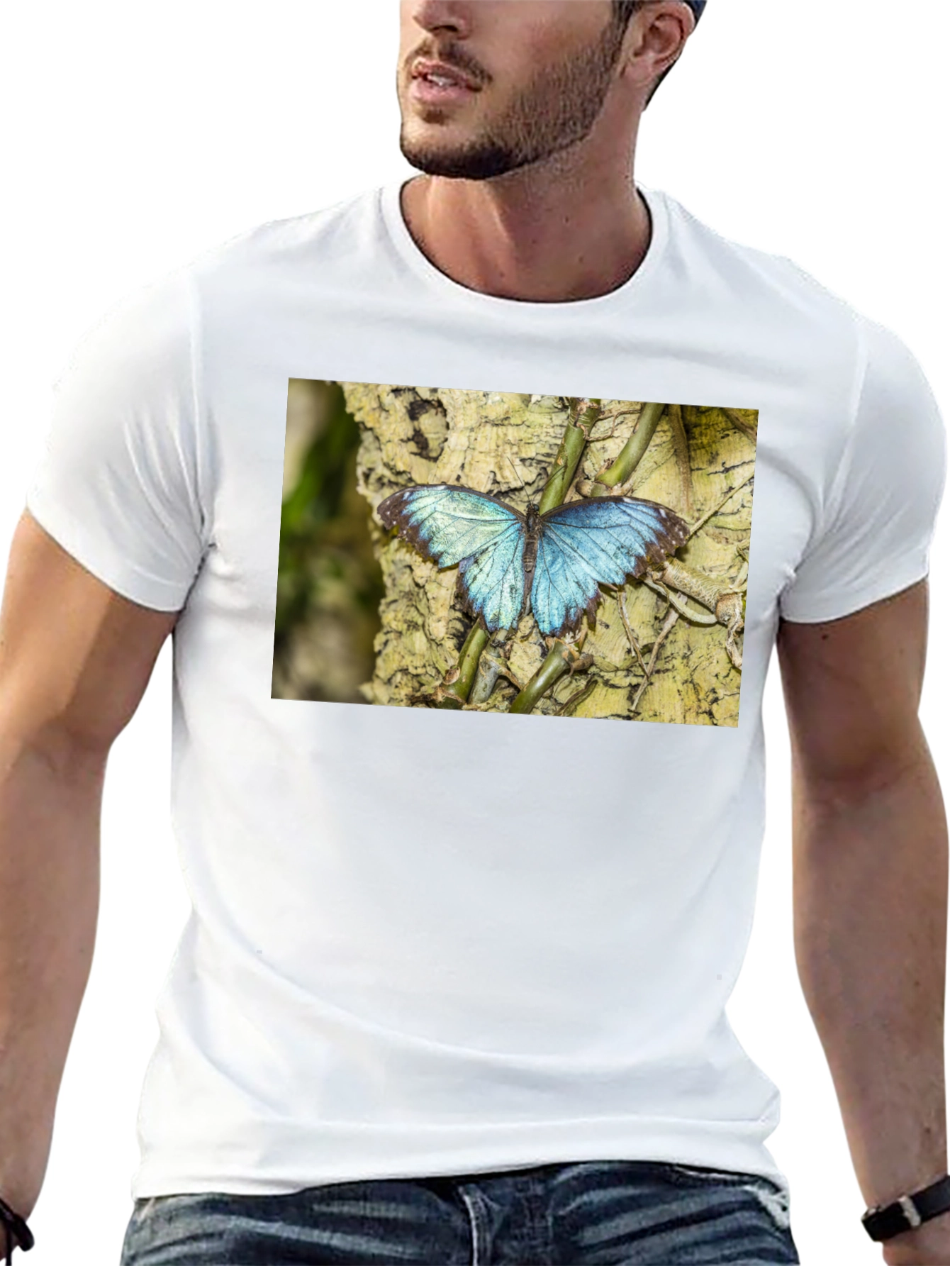 Blue Butterfly Graphic Black T-Shirt