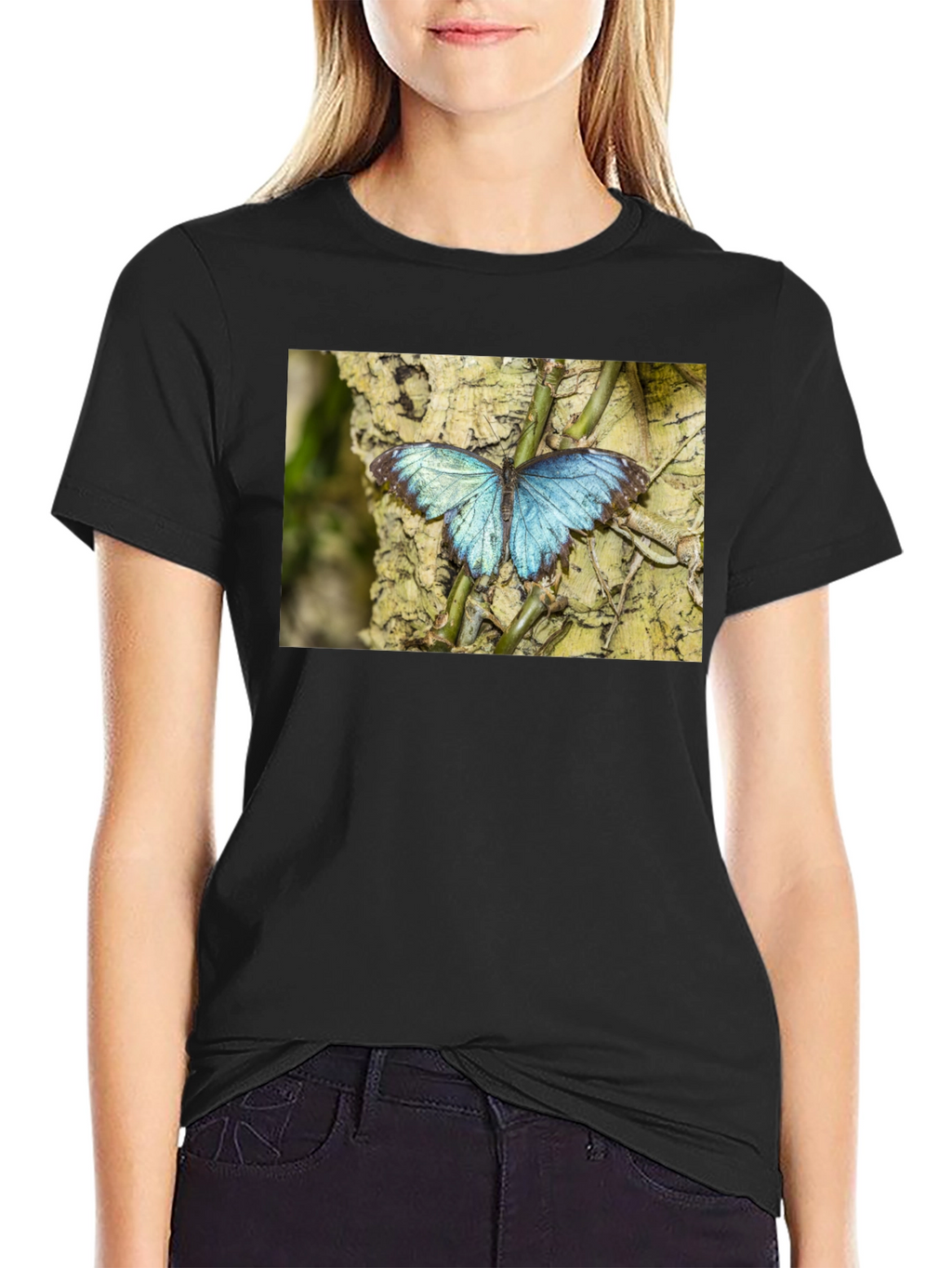 Blue Butterfly Graphic Black T-Shirt