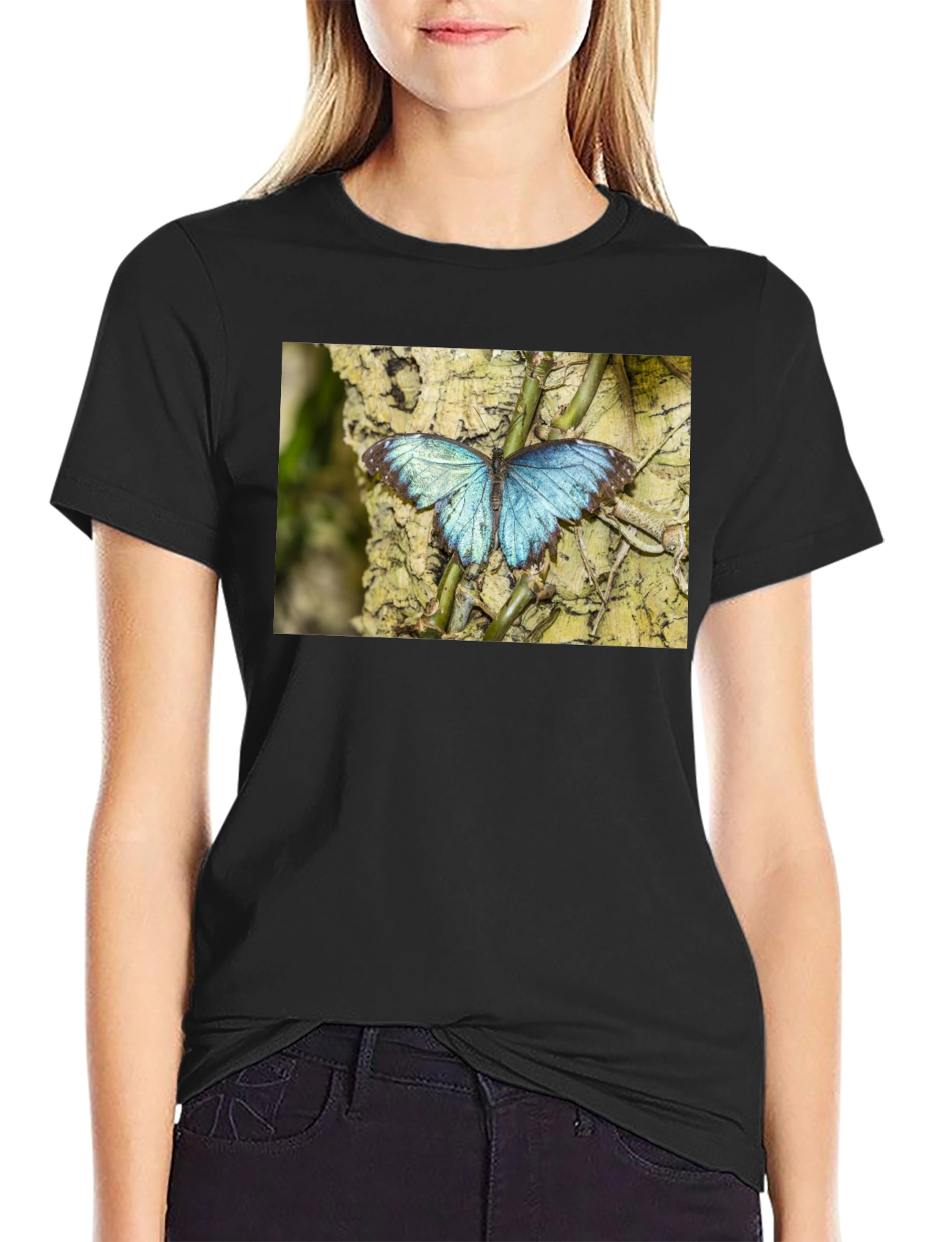 Blue Butterfly Graphic Black T-Shirt