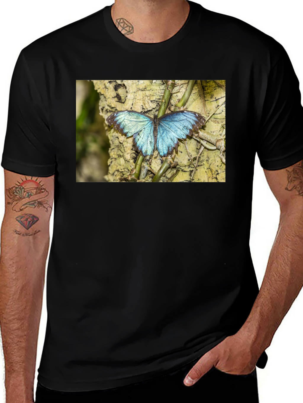 Blue Butterfly Graphic Black T-Shirt