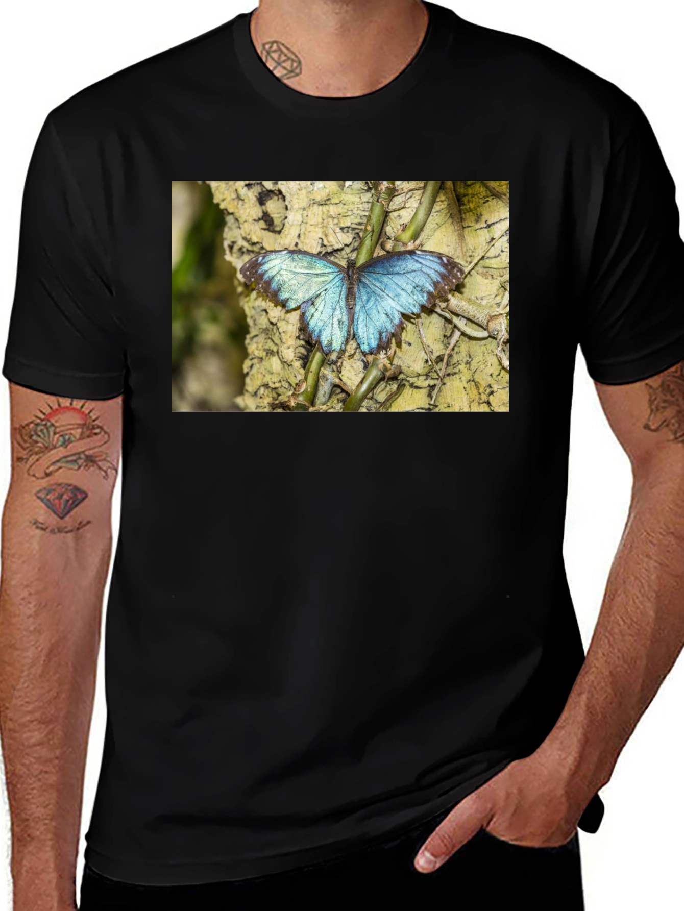 Blue Butterfly Graphic Black T-Shirt