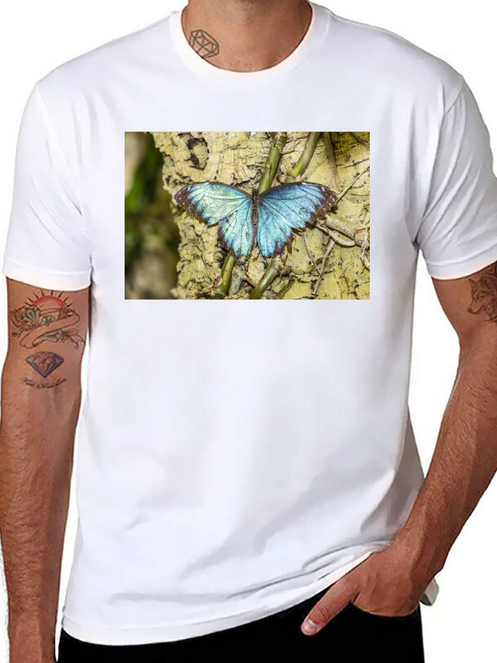 Blue Butterfly Graphic Black T-Shirt