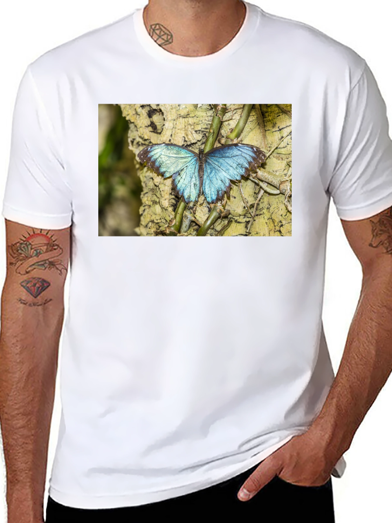 Blue Butterfly Graphic Black T-Shirt