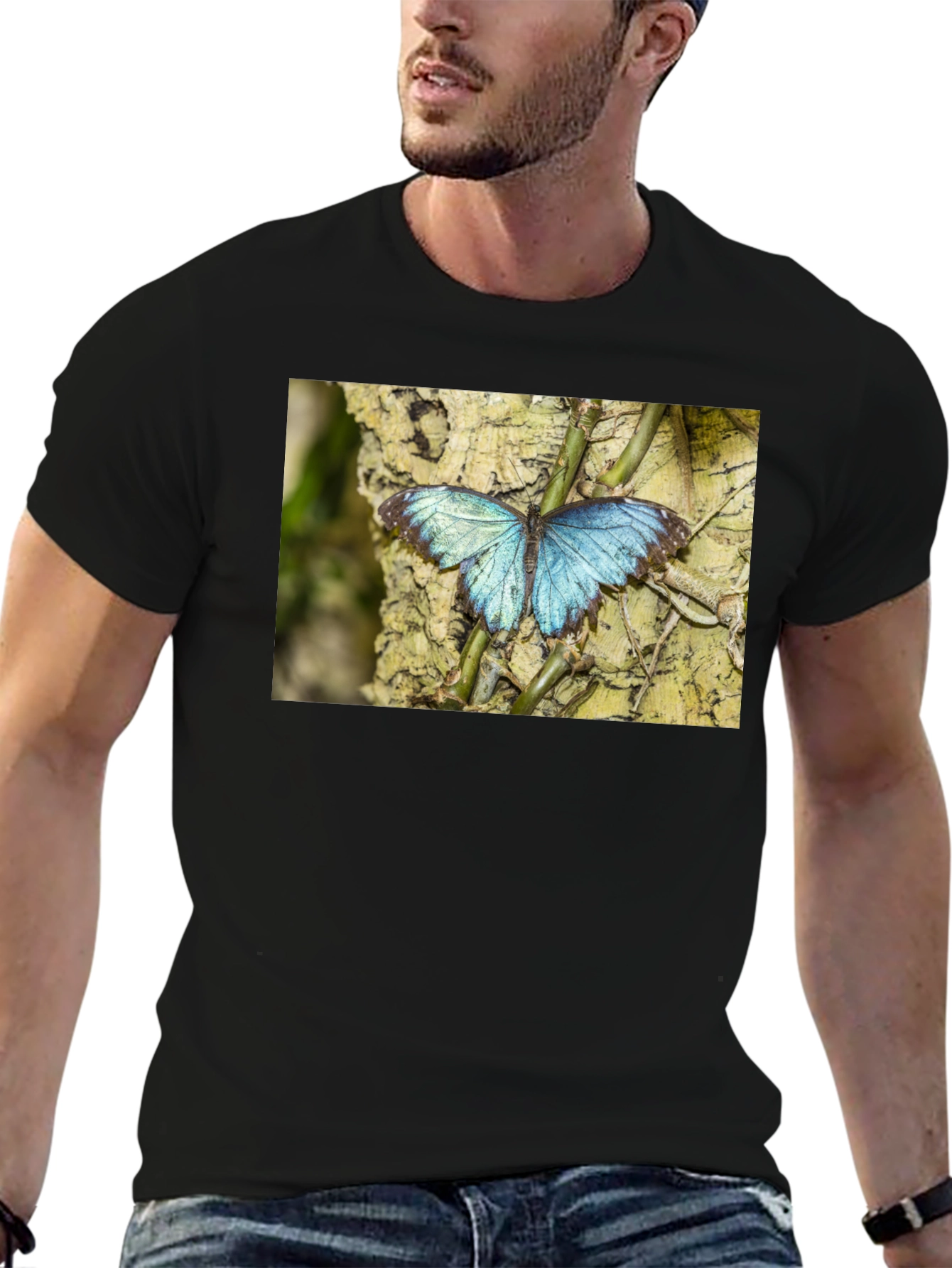 Blue Butterfly Graphic Black T-Shirt
