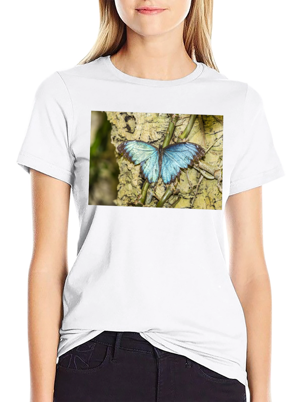 Blue Butterfly Graphic Black T-Shirt