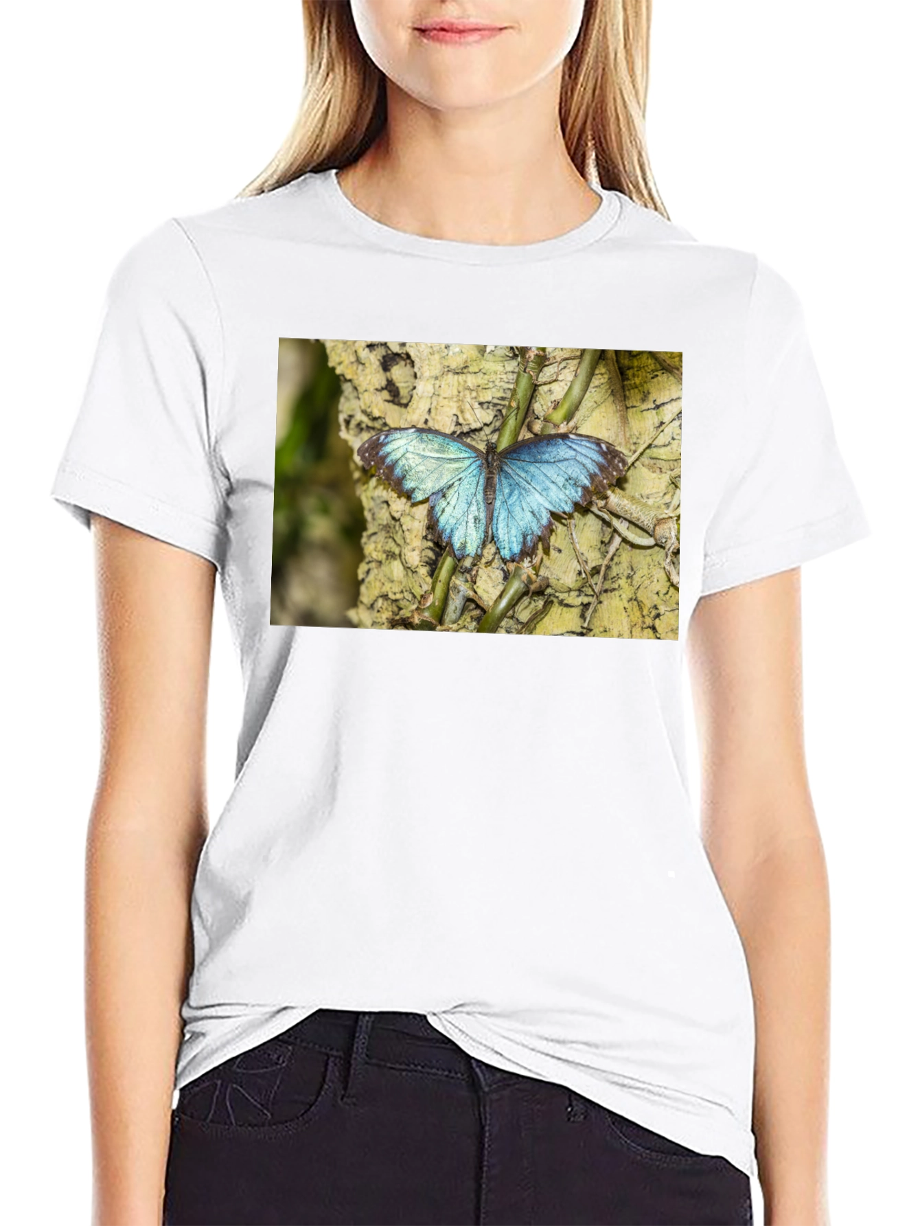 Blue Butterfly Graphic Black T-Shirt