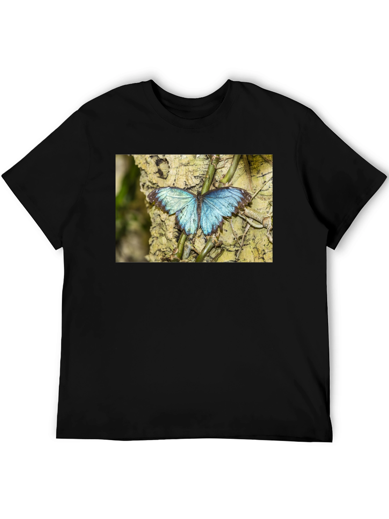 Blue Butterfly Graphic Black T-Shirt