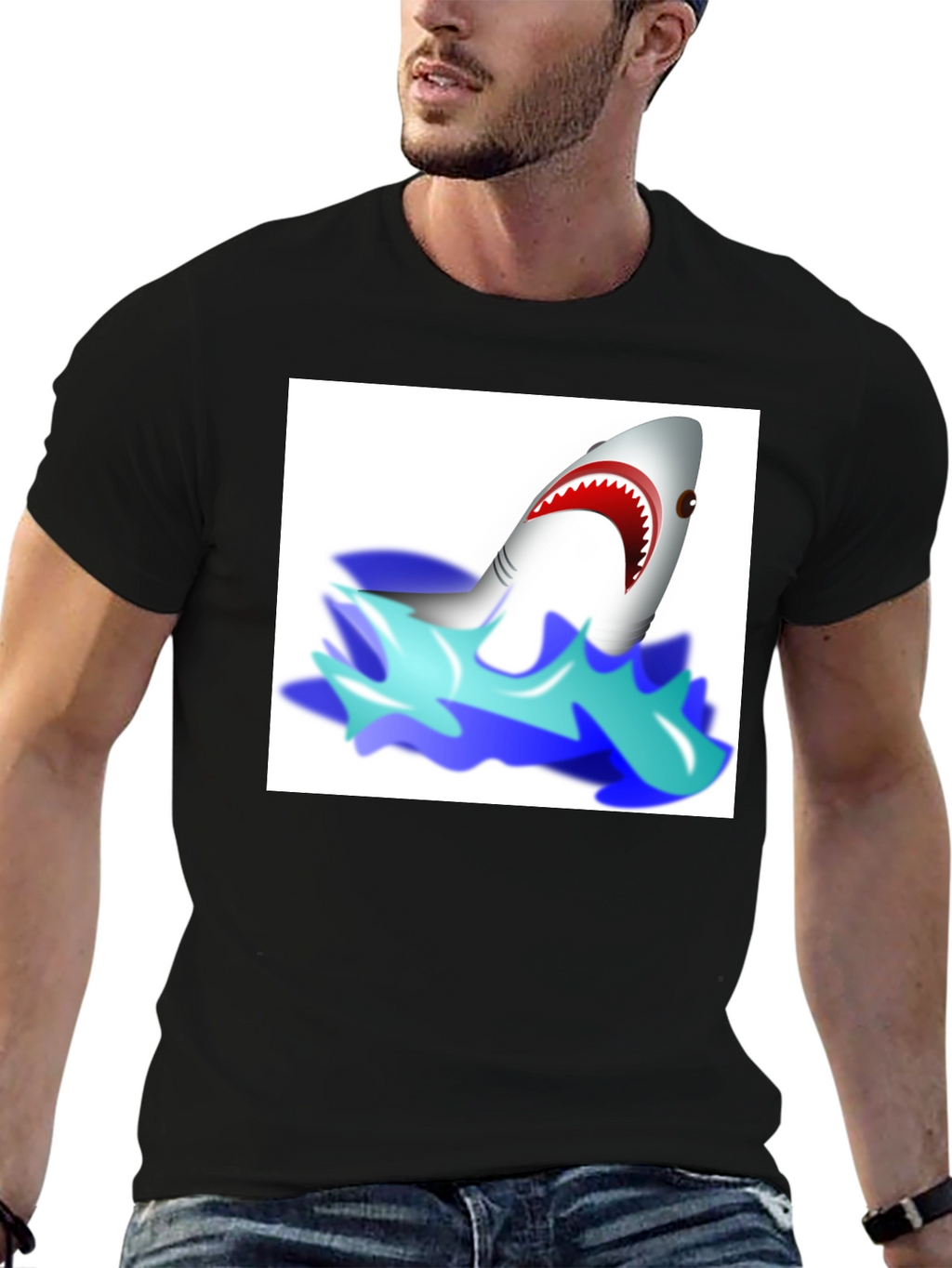Cartoon Shark Graphic Tee - Black Cotton T-Shirt