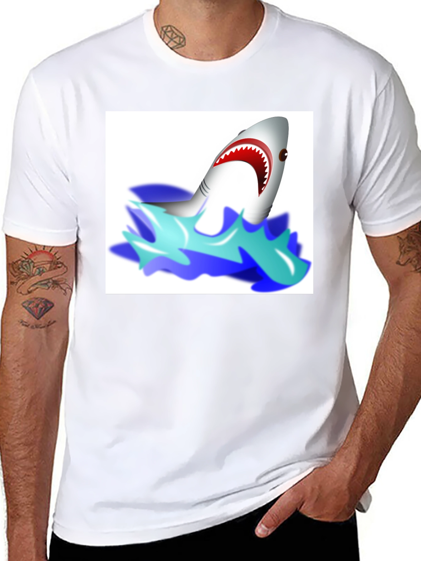 Cartoon Shark Graphic Tee - Black Cotton T-Shirt