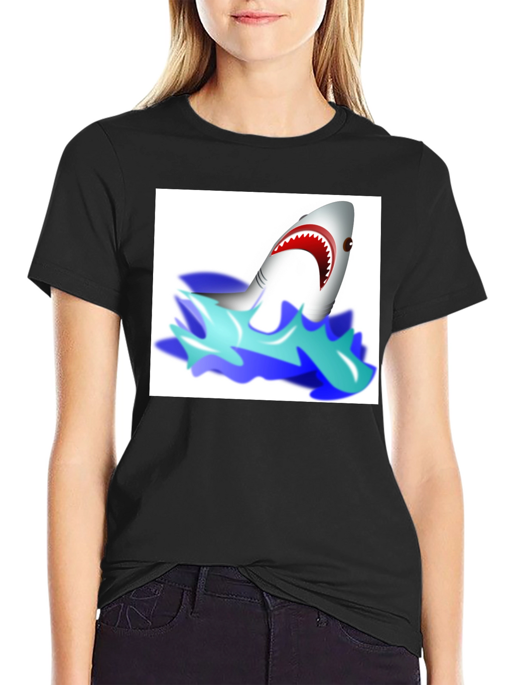 Cartoon Shark Graphic Tee - Black Cotton T-Shirt
