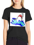 Cartoon Shark Graphic Tee - Black Cotton T-Shirt