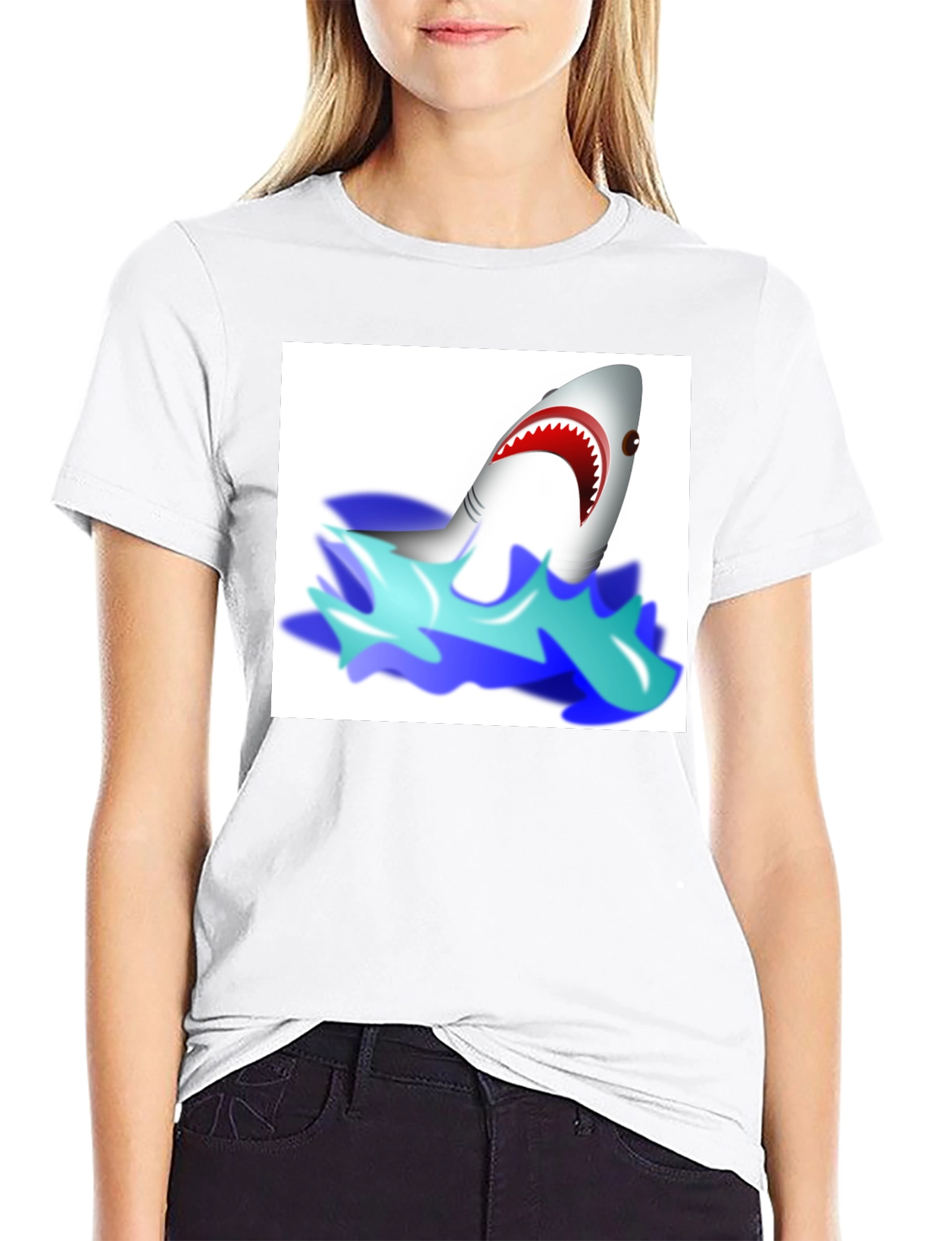 Cartoon Shark Graphic Tee - Black Cotton T-Shirt