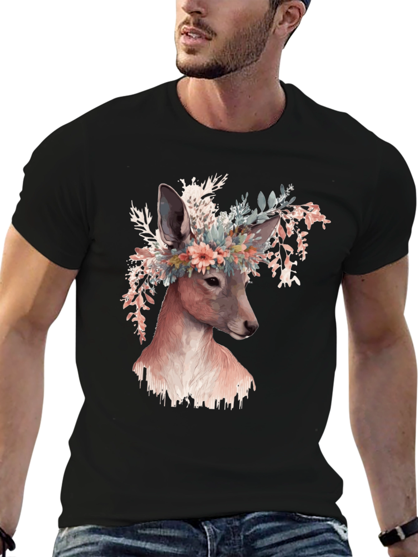 Floral Deer Graphic Tee - Unisex Black T-Shirt