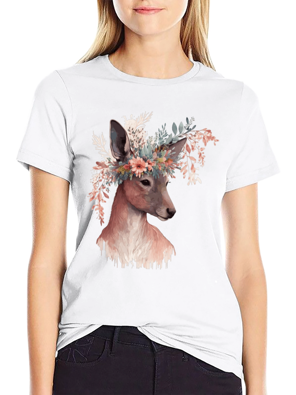 Floral Deer Graphic Tee - Unisex Black T-Shirt
