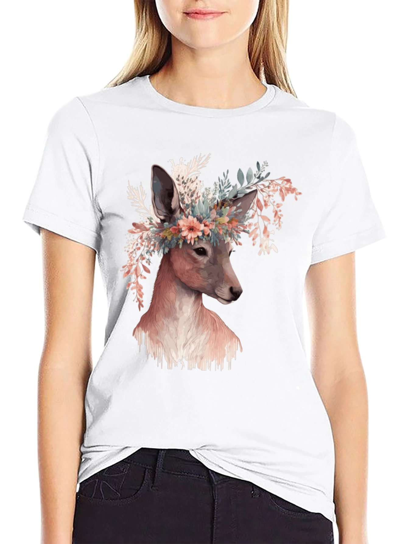 Floral Deer Graphic Tee - Unisex Black T-Shirt