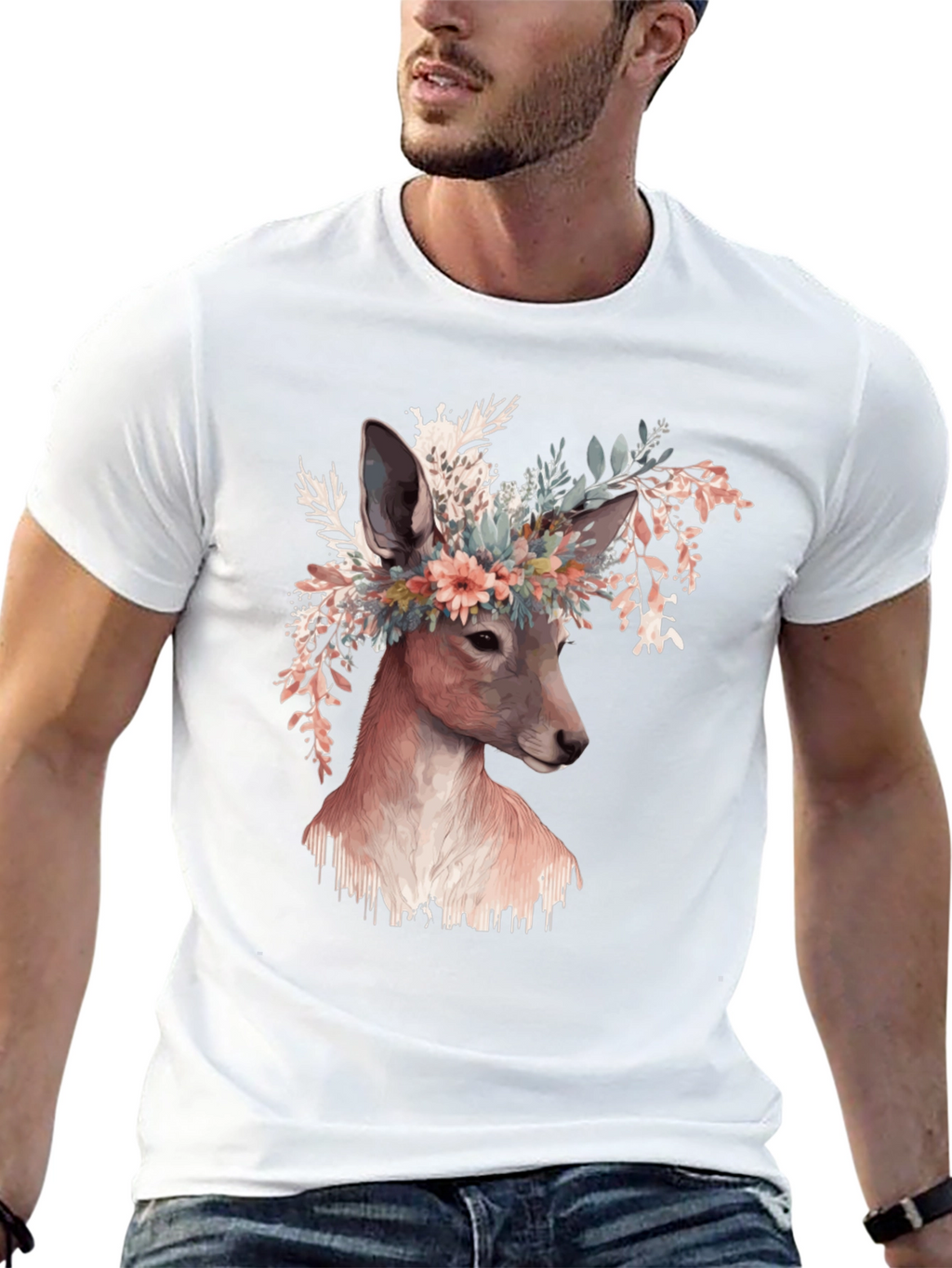 Floral Deer Graphic Tee - Unisex Black T-Shirt