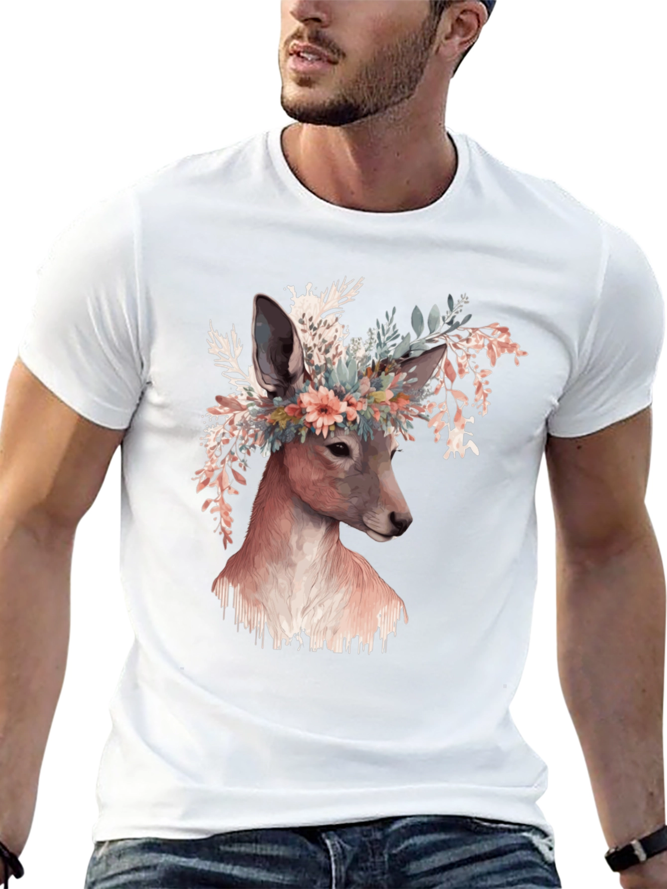 Floral Deer Graphic Tee - Unisex Black T-Shirt