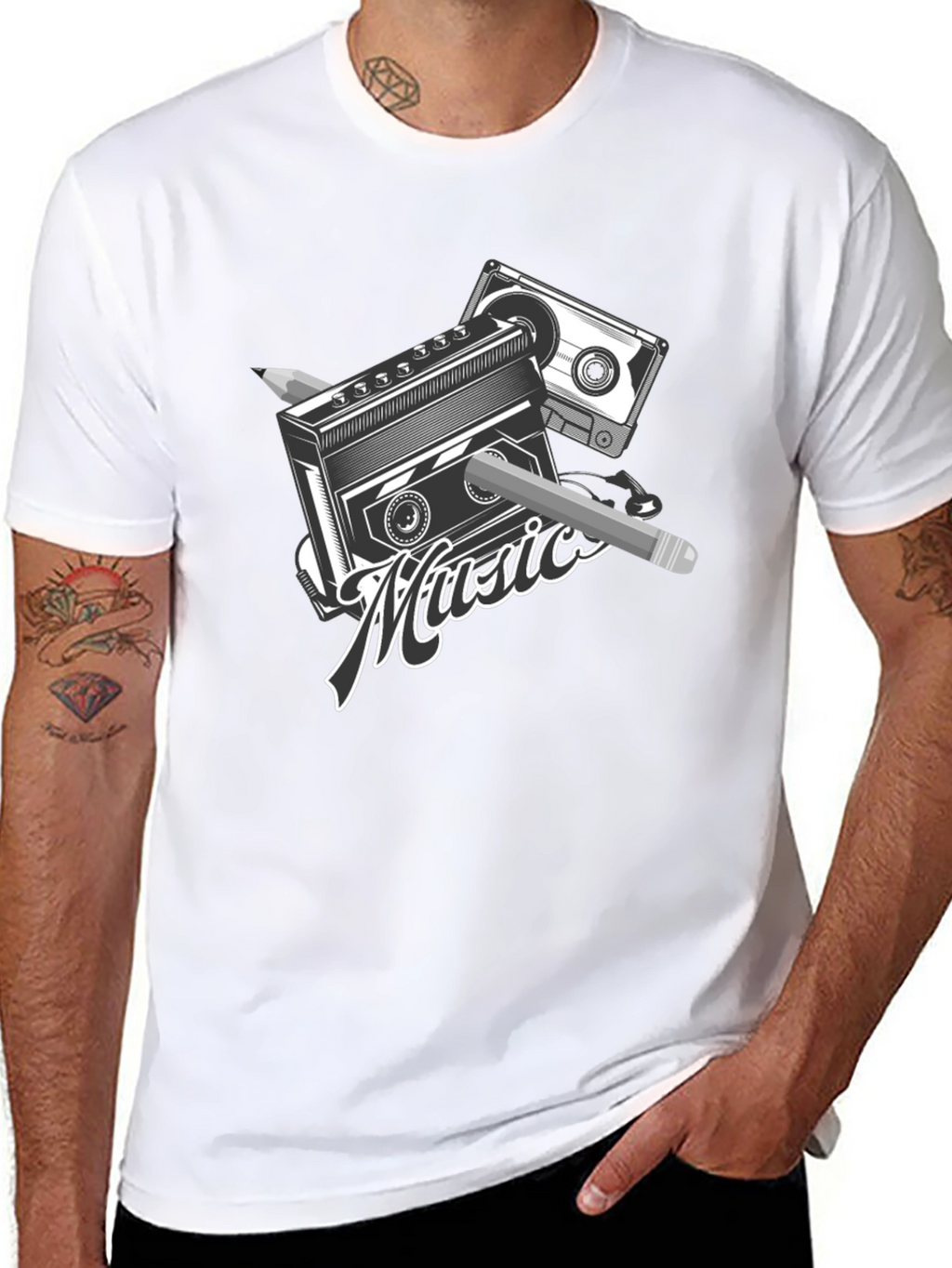 Retro Music T-Shirt - Cassette & Pencil Design