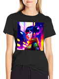 Anime Girl Graphic Print Black T-Shirt