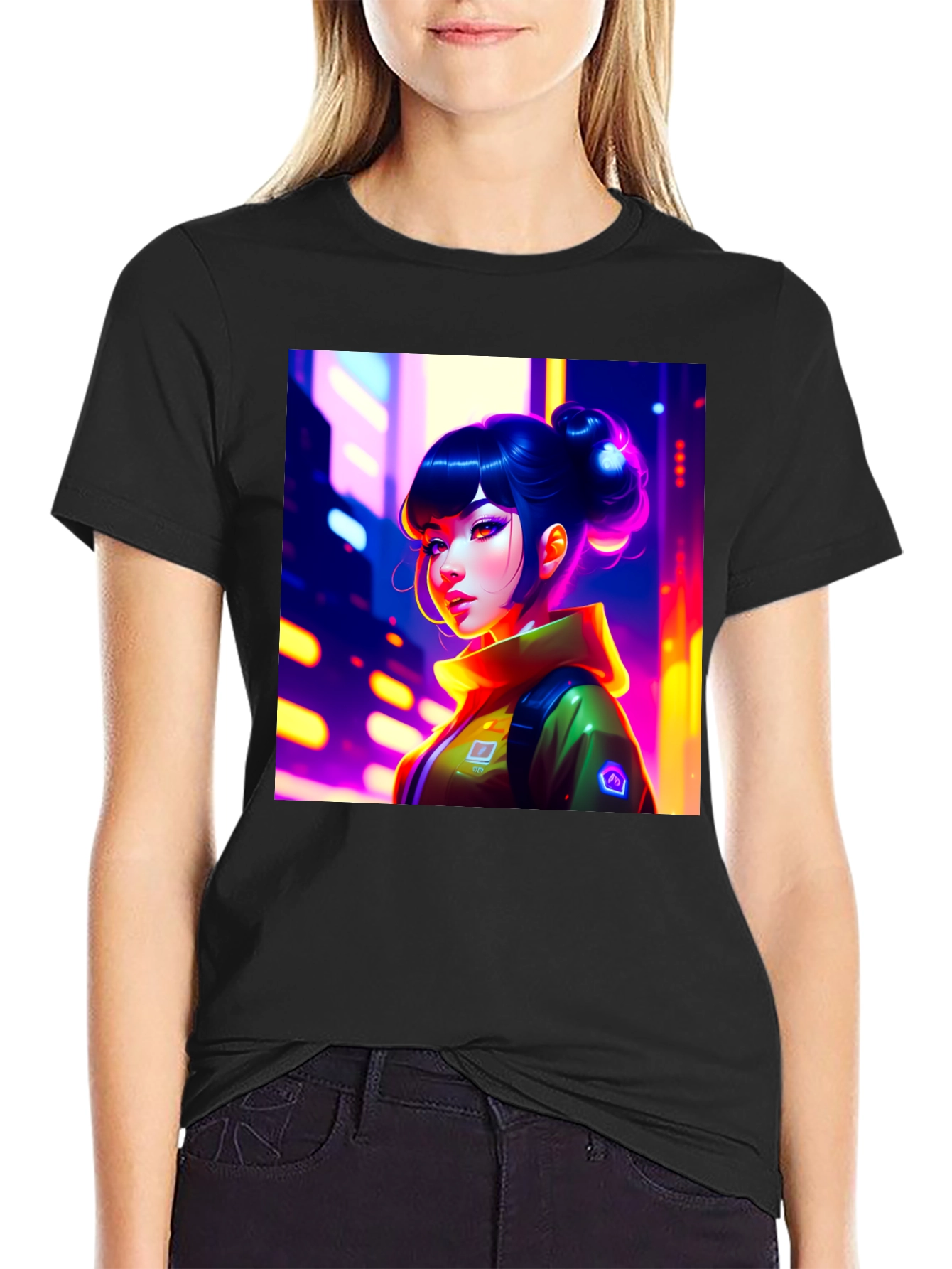 Anime Girl Graphic Print Black T-Shirt