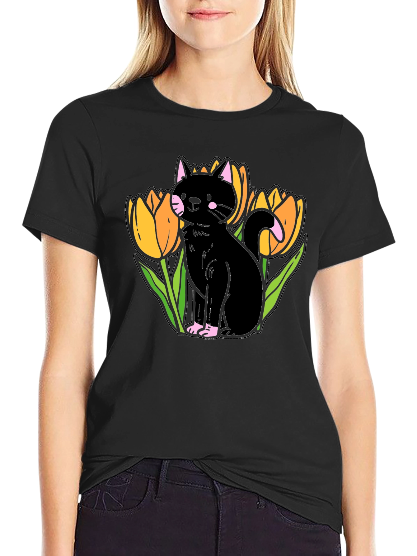 Black Cat & Tulips Graphic T-Shirt - Stylish Casual Wear