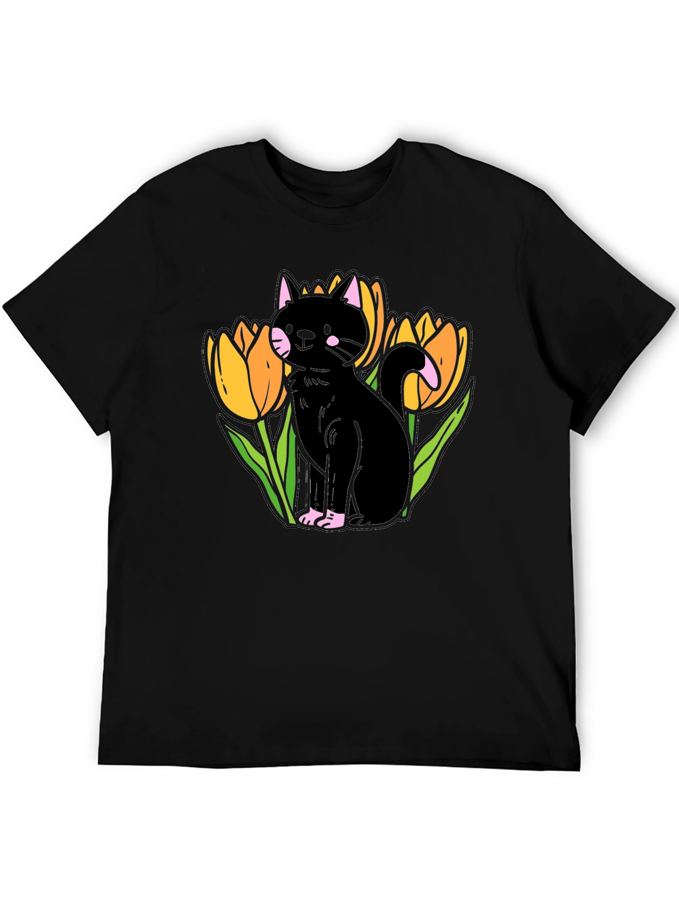 Black Cat & Tulips Graphic T-Shirt - Stylish Casual Wear
