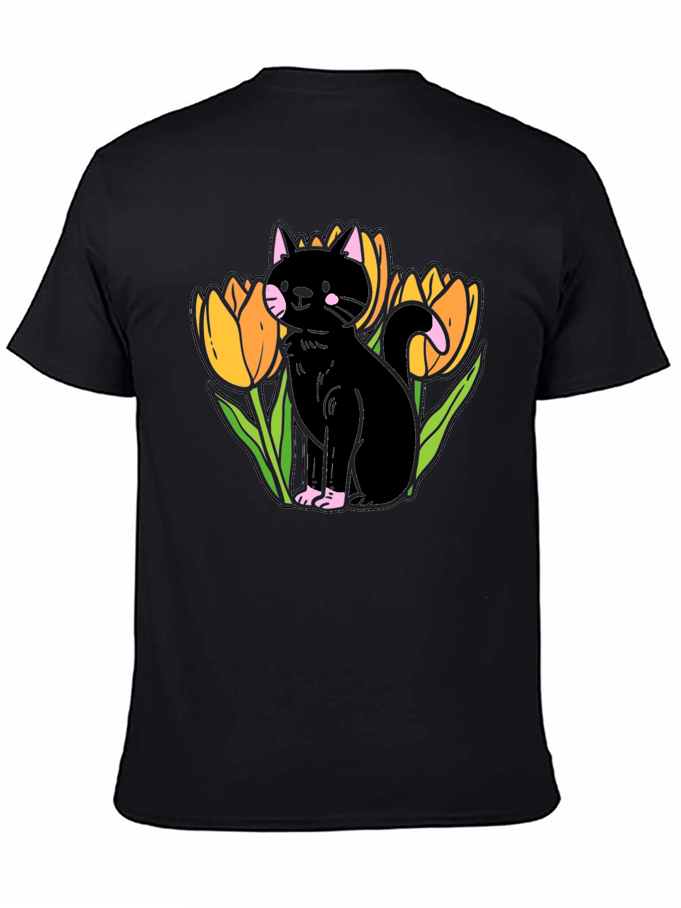 Black Cat & Tulips Graphic T-Shirt - Stylish Casual Wear