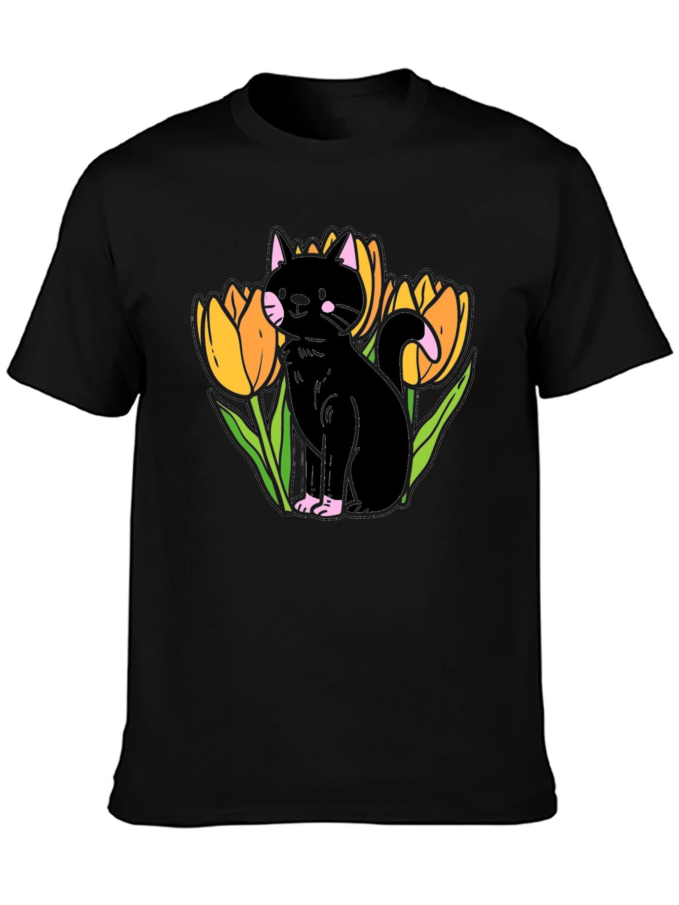 Black Cat & Tulips Graphic T-Shirt - Stylish Casual Wear